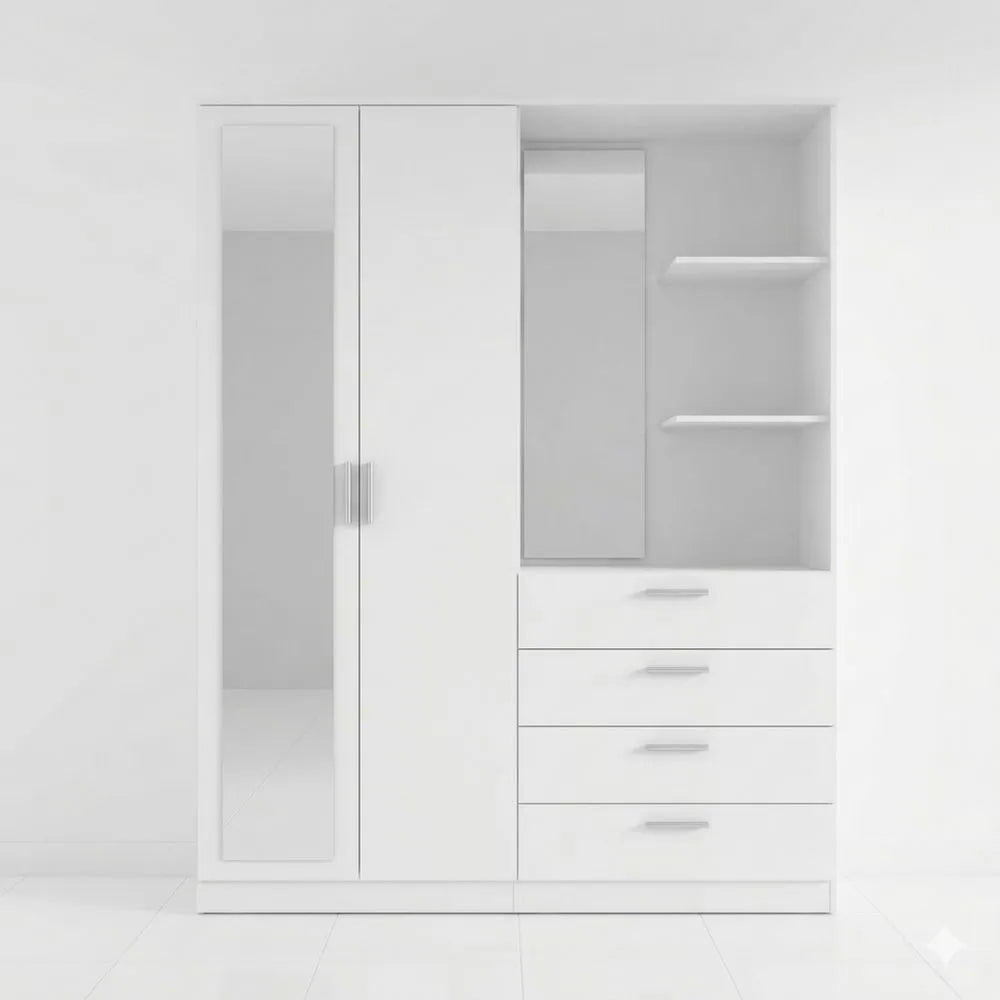 Kleiderschrank mit Regalfächern und Spiegel, Weiß, 159 cm breit