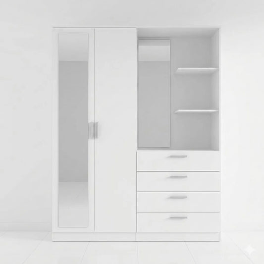 Kleiderschrank mit Regalfächern und Spiegel, Weiß, 159 cm breit