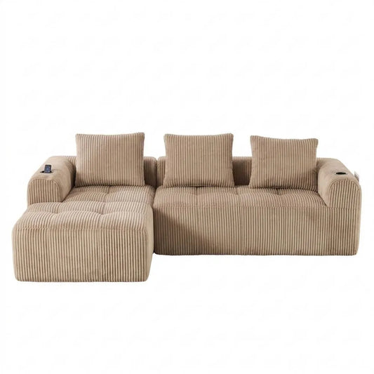 Modulares Cloud Sofa mit Rückenkissen und Seitentasche, Cord-Liegesessel, Khaki