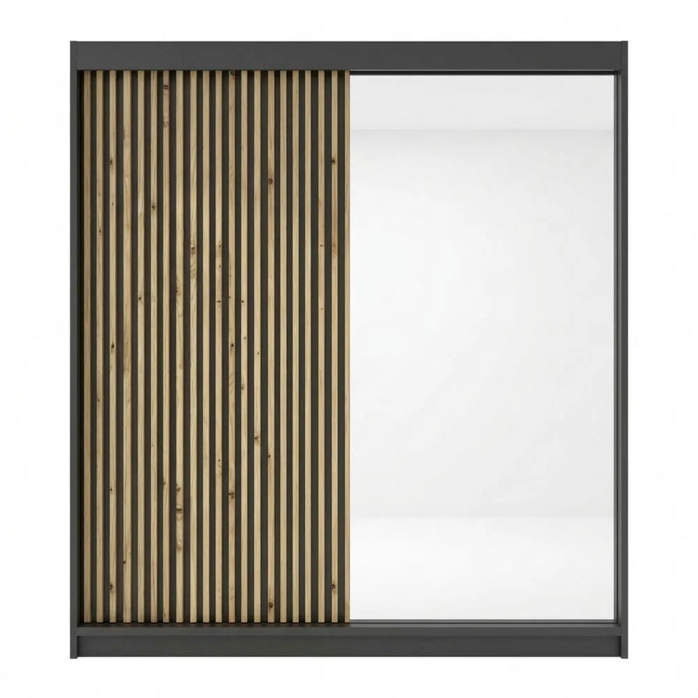 Großer Kleiderschrank mit Spiegel und Holzdetails, Schwarz