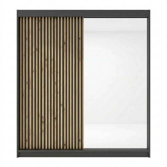 Großer Kleiderschrank mit Spiegel und Holzdetails, Schwarz