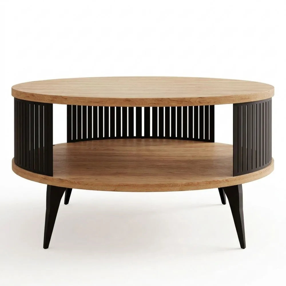 Runder Couchtisch mit Metallbeinen und Ablage in Eiche Gold