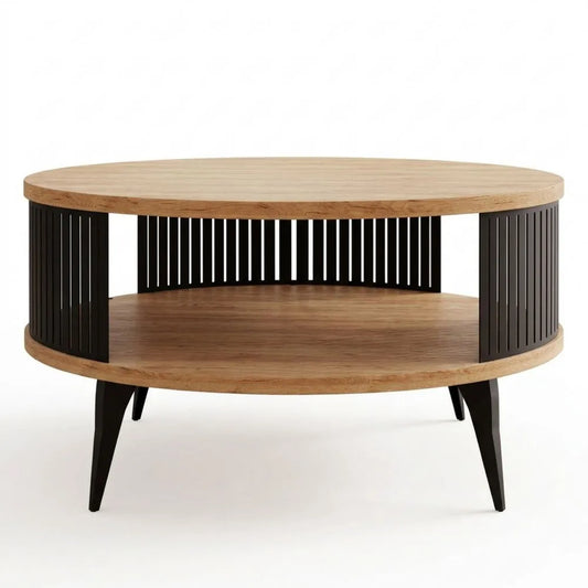 Runder Couchtisch mit Metallbeinen und Ablage in Eiche Gold