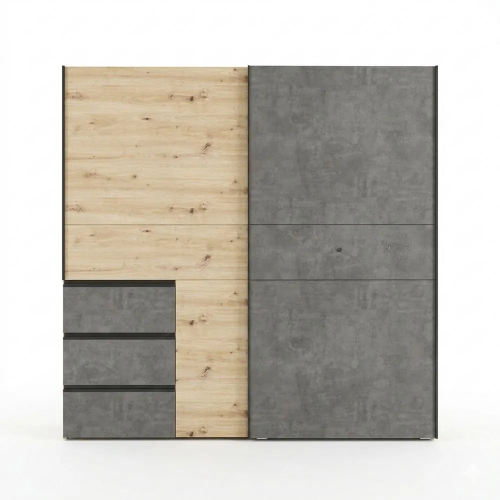Moderner Schwebetürenschrank im Skandi-Design mit Schubladen und Holzdekor